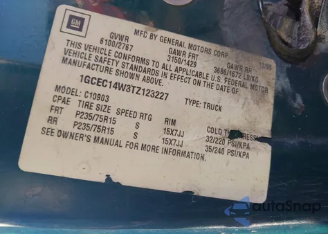 1996 Chevrolet Gmt-400 C1500 из США, поврежденный, VIN 1GCEC14W3TZ123227